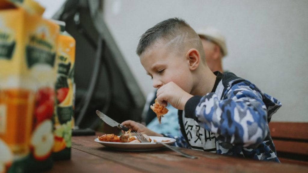 Young boy savoring a grilled chicken meal during an outdoor barbecue.